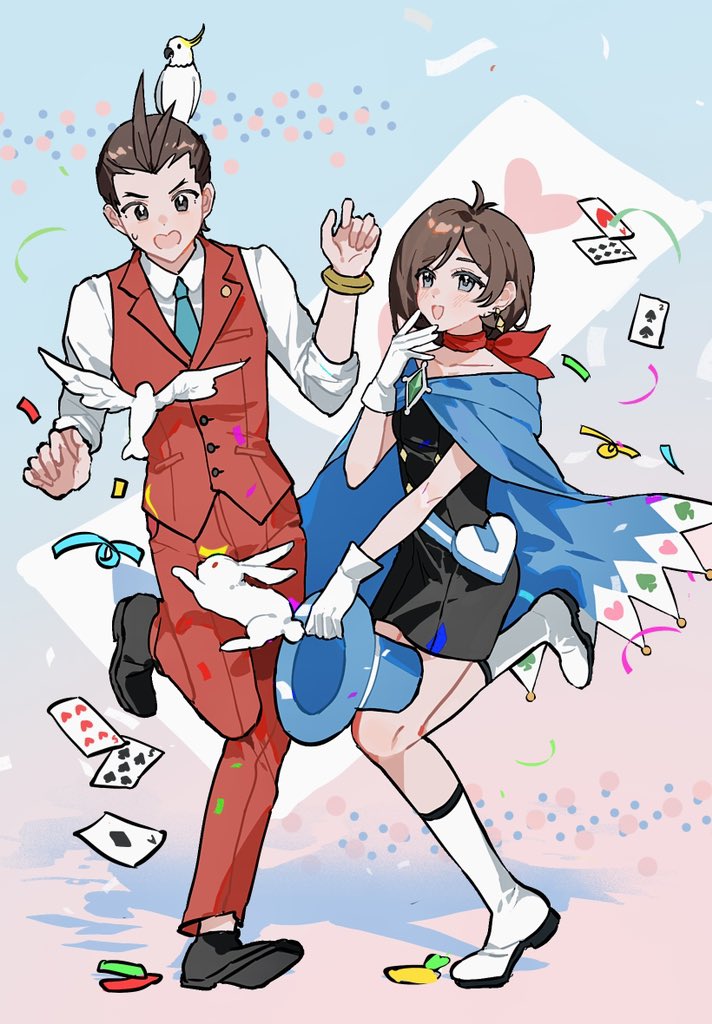1boy, 1girl, ace_attorney, animal_on_head, antenna_hair, apollo_justice, apollo_justice:_ace_attorney, bird, black_dress, black_footwear, blue_cape, blue_hat, boots, bracelet, brown_eyes, brown_hair, cape, card, collared_shirt, confetti, dress, earrings, full_body, gloves, gold_bracelet, hand_up, hashtag-only_commentary, hat, holding, holding_hat, holding_unworn_clothes, jewelry, nallya, on_head, open_mouth, pants, playing_card, rabbit, red_pants, red_scarf, red_vest, scarf, shirt, short_hair, strapless, strapless_dress, trucy_wright, vest, white_footwear, white_gloves, white_shirt