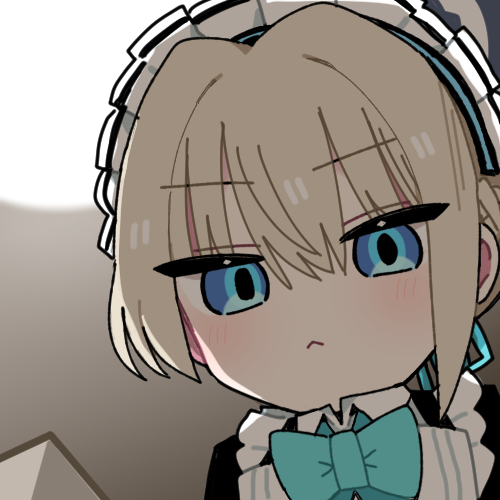 1girl, :v, apron, blonde_hair, blue_archive, blue_eyes, blue_ribbon, chibi