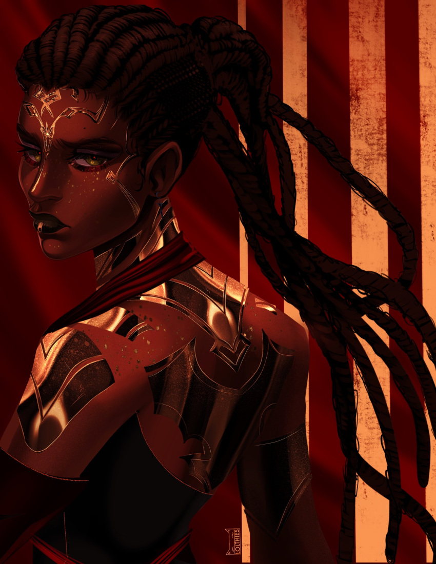 1girl, arcane:_league_of_legends, braid, gold, lolthies, long_hair, looking_at_viewer, mel_medarda, red_background