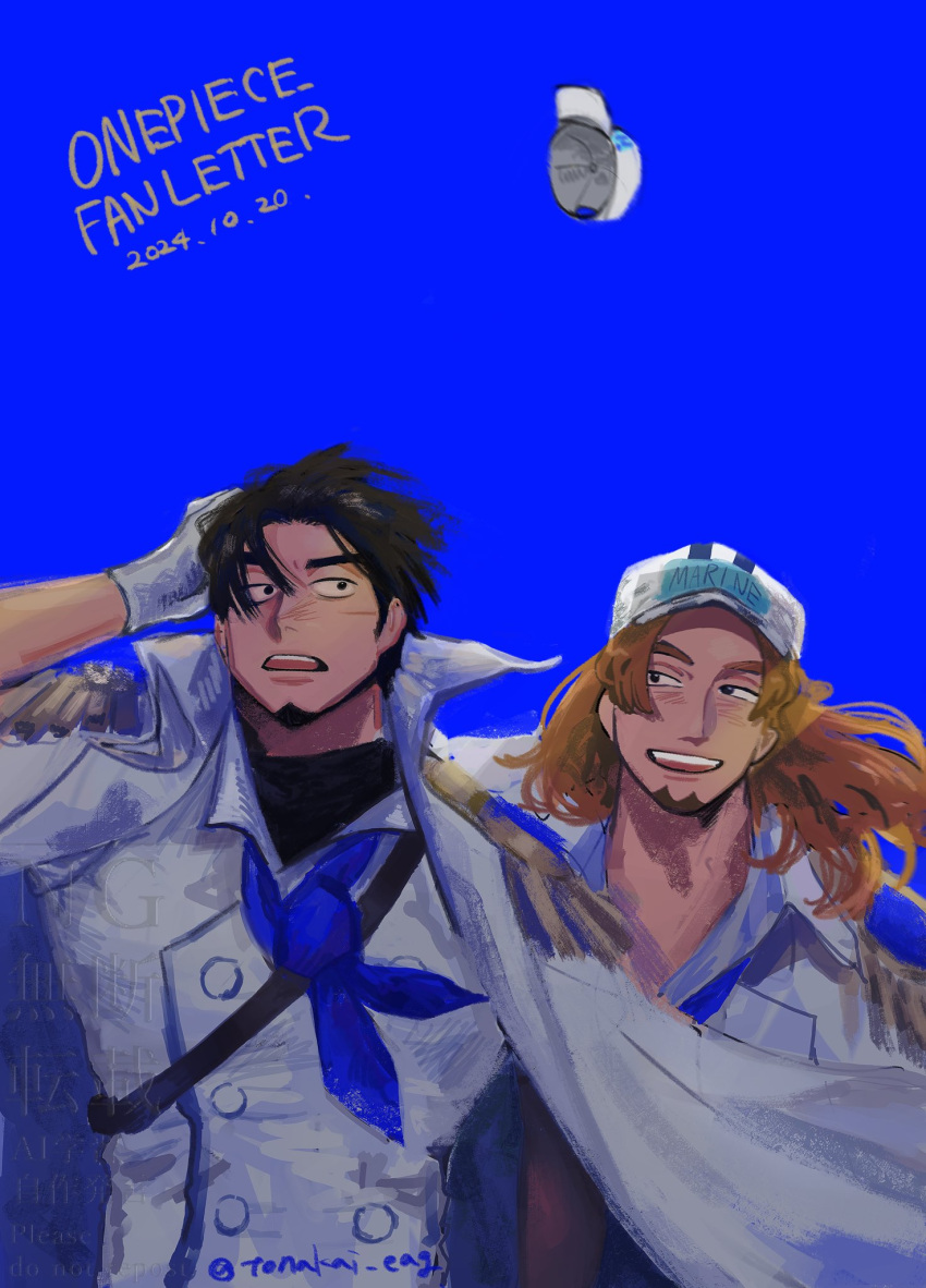 2boys, blue_neckerchief, blue_sky, brothers, coat, coat_on_shoulders, collared_coat, commentary_request, copyright_name, dated, elder_marine_brother, epaulettes, facial_hair, floating_hat, gloves, goatee, hat, highres, light_brown_hair, long_hair, looking_to_the_side, looking_up, male_focus, multiple_boys, neckerchief, one_piece, one_piece_fan_letter, scar, scar_on_face, short_hair, siblings, sky, tonakai_eag, twitter_username, upper_body, white_coat, white_gloves, younger_marine_brother