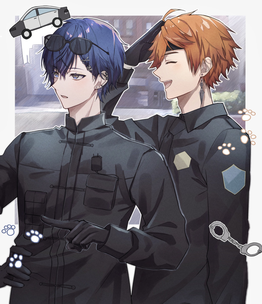 2boys, :d, :o, ^_^, ahoge, black_gloves, black_headband, black_jacket