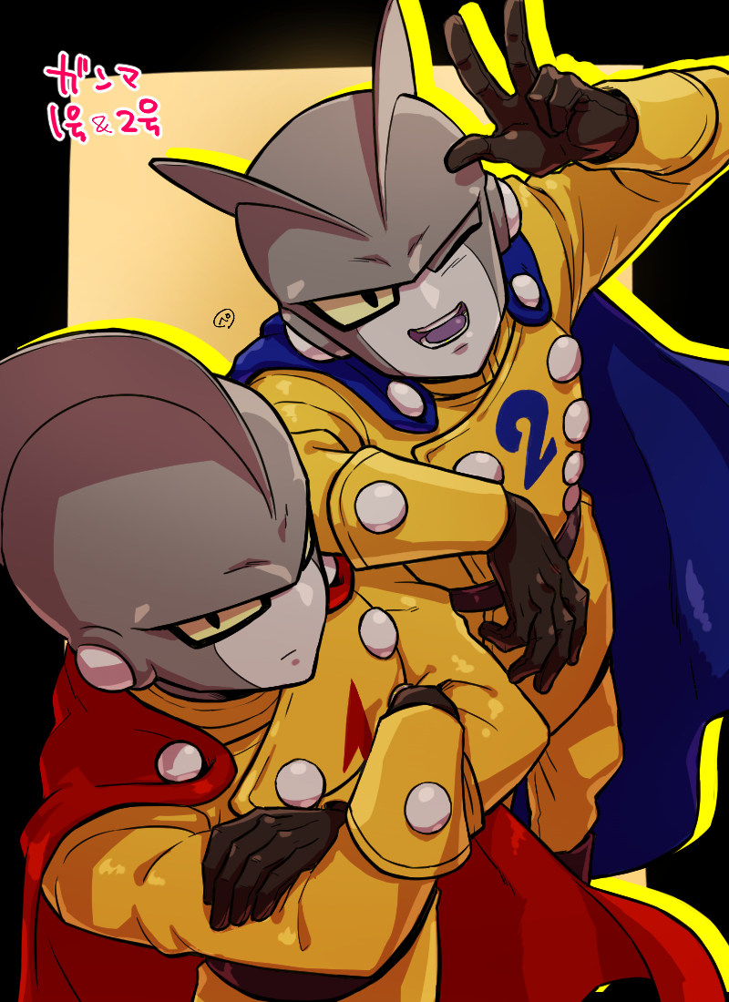 2boys, android, arm_on_another's_shoulder, black_border, black_gloves, blue_cape, border, buttons