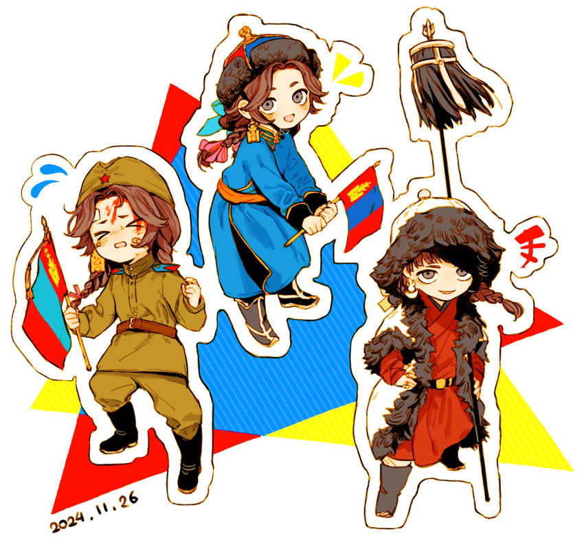 1girl, 2024, belt, blood, blood_on_face, boots, braid, brown_hair, chibi, dated, deel, full_body, fur-trimmed_headwear, fur_trim, grey_eyes, highres, jacket, long_hair, military_uniform, mongolia, mongolia_(nanimonothing), mongolian_clothes, mongolian_flag, multiple_views, nanimonothing, original, personification, sash, soyombo, soyombo_earrings, toortsog