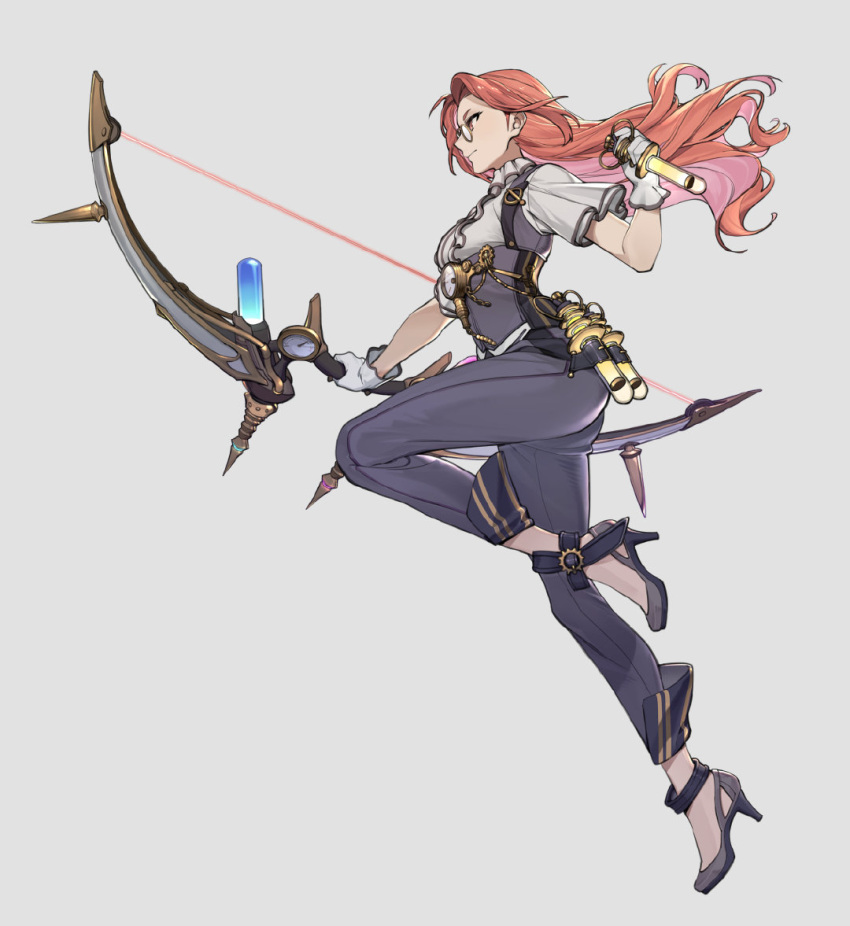 1girl, ankle_strap, ass, bow_(weapon), closed_mouth, colored_inner_hair, corset, curtained_hair, floating, floating_hair, forehead, frilled_sleeves, frills, full_body, glasses, gloves, gold_trim, grey_footwear, high_heels, holding, holding_bow_(weapon), holding_weapon, knee_up, legs, light_smile, lilith-lily, long_hair, midair, mini_eyewear, multicolored_hair, orange_hair, original, pants, pince-nez, purple_corset, purple_pants, shirt, shoes, short_sleeves, simple_background, solo, thermometer, thighs, v-shaped_eyebrows, weapon, white_background, white_gloves, white_shirt