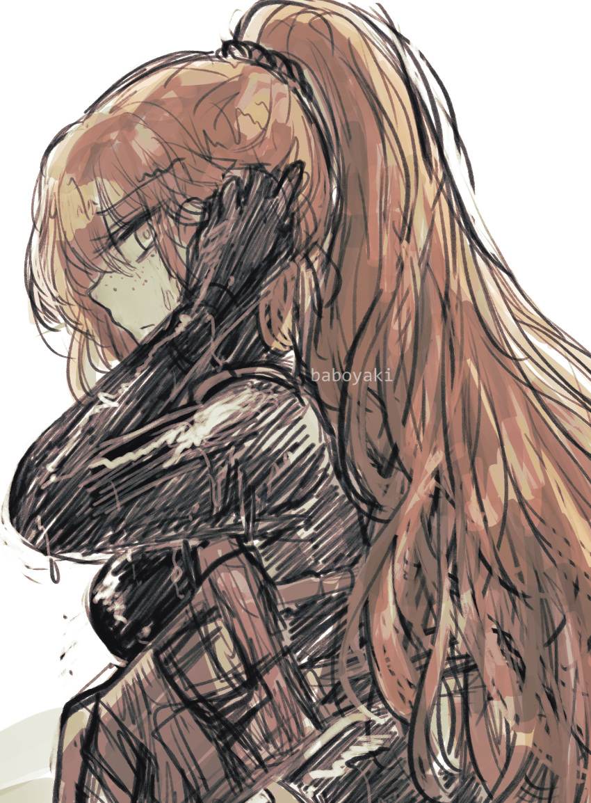 1girl, artist_name, baboyaki, bodysuit, diving_suit, freckles, from_side, gloves