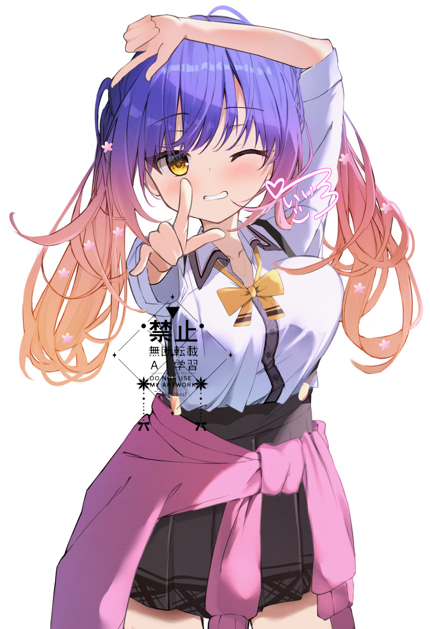 1girl, absurdres, arm_up, black_skirt, blue_hair, blush, bow, bowtie, breasts, cardigan, clothes_around_waist, collared_shirt, commentary_request, cowboy_shot, eyes_visible_through_hair, flower, gradient_hair, grin, hair_between_eyes, hair_flower, hair_ornament, happy, highres, index_finger_raised, issatsu_no_arrow_(meme), kohibari_kurumi, koiirohanab, large_breasts, long_hair, looking_at_viewer, meme, multicolored_hair, one_eye_closed, orange_hair, pink_cardigan, pink_flower, pink_hair, pinky_out, pleated_skirt, pointing, pointing_at_viewer, school_uniform, shirt, signature, simple_background, skirt, smile, solo, suspender_skirt, suspenders, tenshi_souzou_re-boot!, tsurime, twintails, white_background, white_shirt, yellow_bow, yellow_bowtie, yellow_eyes