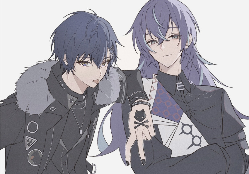 2boys, :p, arm_on_another's_shoulder, black_jacket, black_nails, black_shirt, blue_eyes, blue_hair, bracelet, closed_mouth, collared_shirt, commentary_request, crossed_arms, crossed_bangs, fingernails, fur-trimmed_jacket, fur_trim, grey_eyes, hair_between_eyes, hair_ornament, hand_tattoo, highres, hoshirube_sho, jacket, jewelry, koyanagi_rou, koyanagi_rou_(2nd_costume), long_hair, long_sleeves, looking_at_viewer, male_focus, multicolored_eyes, multicolored_hair, multiple_boys, nail_polish, necklace, nekokomachi, nijisanji, official_alternate_costume, open_clothes, open_jacket, parted_bangs, purple_hair, shirt, short_hair, simple_background, smile, streaked_hair, studded_bracelet, tattoo, tongue, tongue_out, upper_body, v, vest, virtual_youtuber, white_background, white_vest, wing_collar, x_hair_ornament