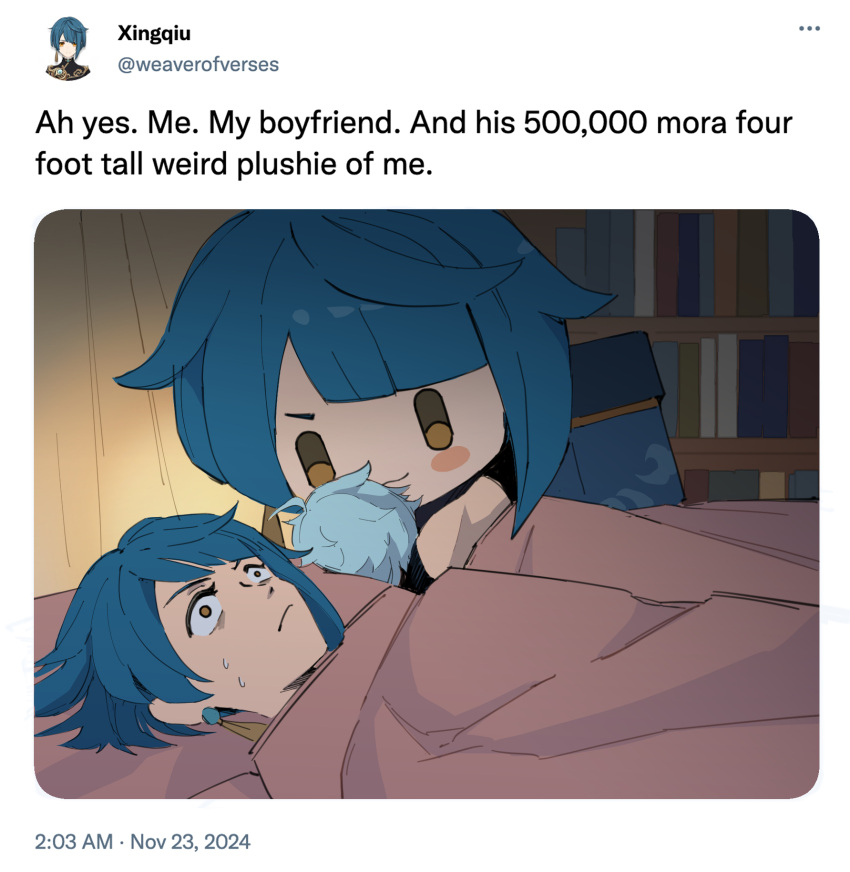 2boys, 500_dollar_four_foot_tall_mareep_(meme), blue_hair, book, bookshelf, character_doll, chongyun_(genshin_impact), curtains