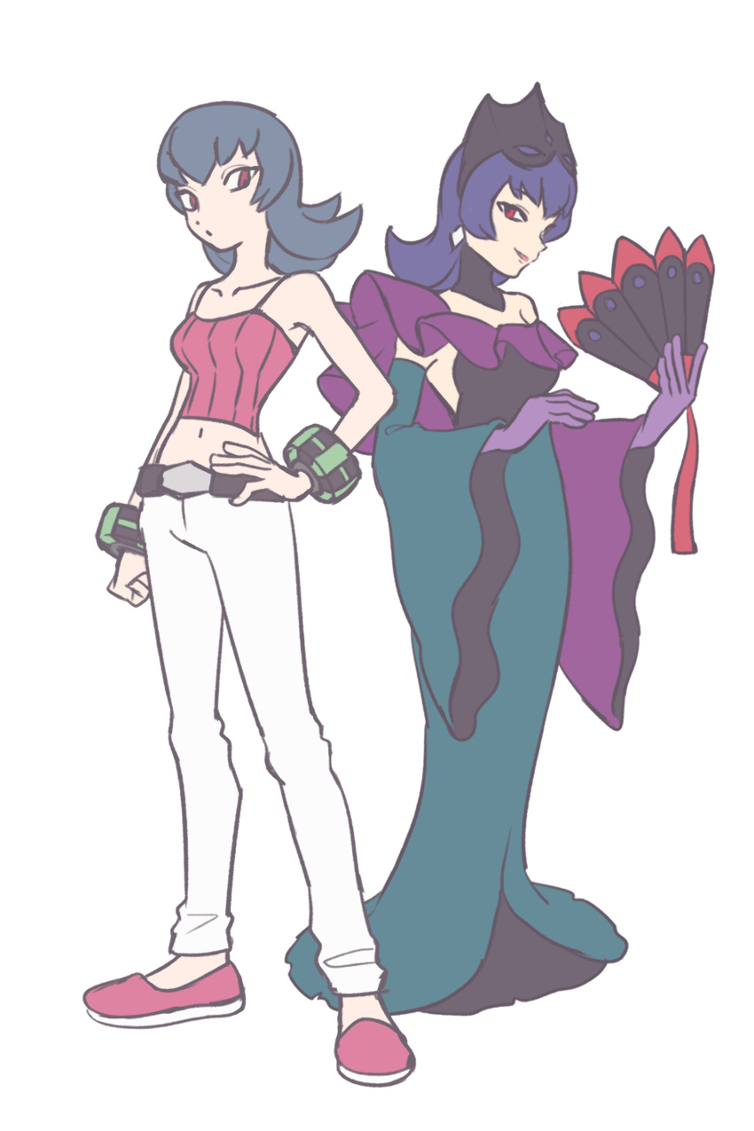 2girls, absurdres, bellelba_(pokemon), blue_hair, dual_persona, feiyang02, full_body, hand_fan