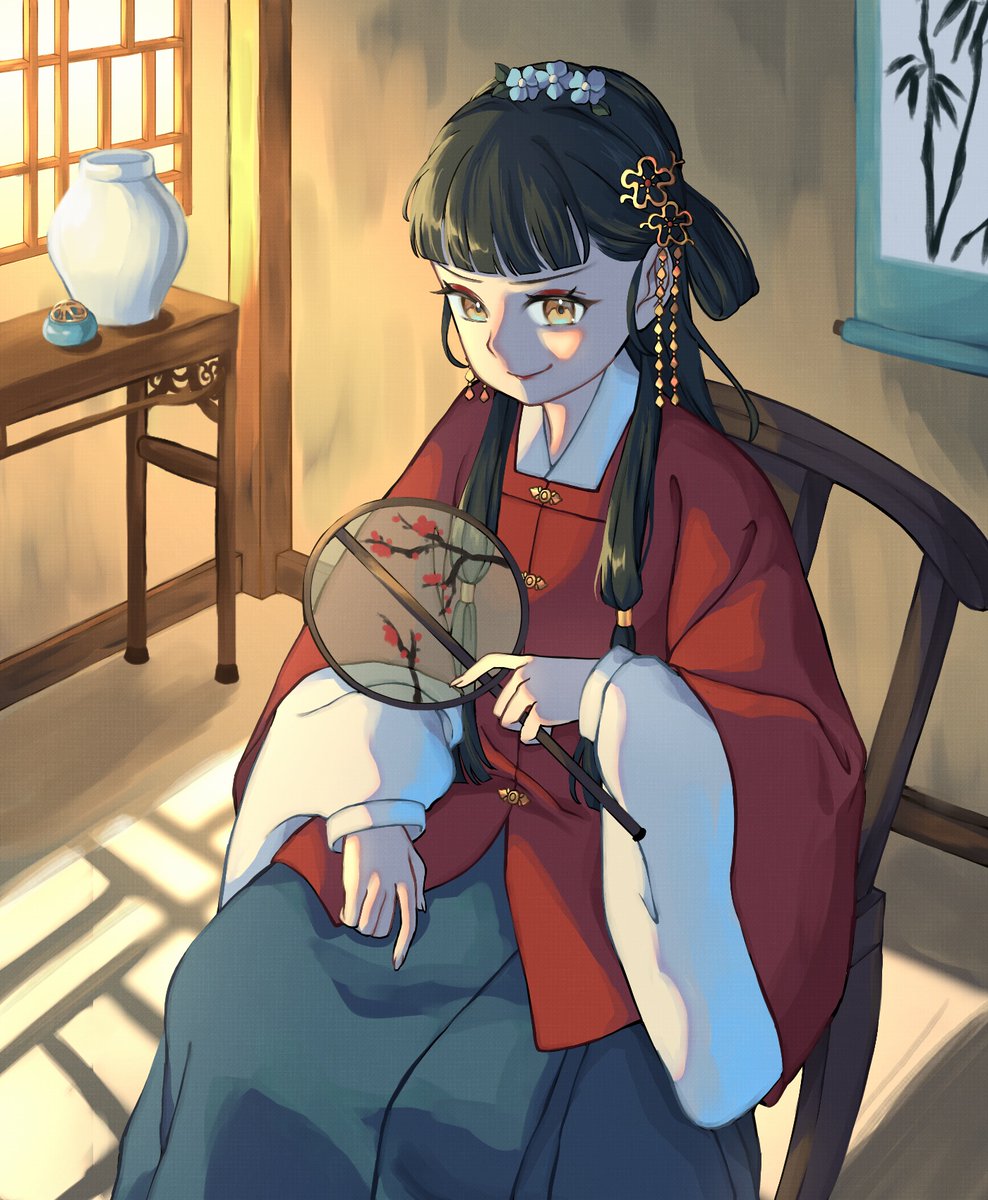 1girl, aoqun, aqua_skirt, architecture, bamboo, beizi_(clothing), black_hair, blue_flower