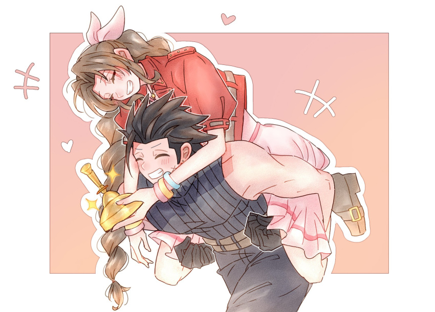 1boy, 1girl, 7_(milu577610), aerith_gainsborough, bangle, bare_shoulders, black_gloves, black_hair, blush, border, bracelet, braid, braided_ponytail, brown_footwear, brown_hair, carrying, chinese_commentary, commentary_request, couple, cowboy_shot, crisis_core_final_fantasy_vii, dress, final_fantasy, final_fantasy_vii, final_fantasy_vii_rebirth, final_fantasy_vii_remake, gloves, grin, hair_ornament, heart, highres, holding, jacket, jewelry, long_hair, outside_border, parted_bangs, piggyback, pink_dress, pink_ribbon, red_jacket, ribbed_sweater, ribbon, short_sleeves, sleeveless, sleeveless_turtleneck, smile, sparkle, spiky_hair, sweater, turtleneck, turtleneck_sweater, very_long_hair, white_border, zack_fair