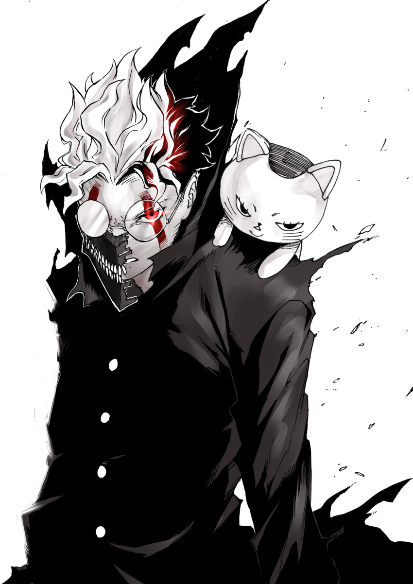 1boy, absurdres, alternate_form, black_jacket, cat, commentary, dandadan, debris