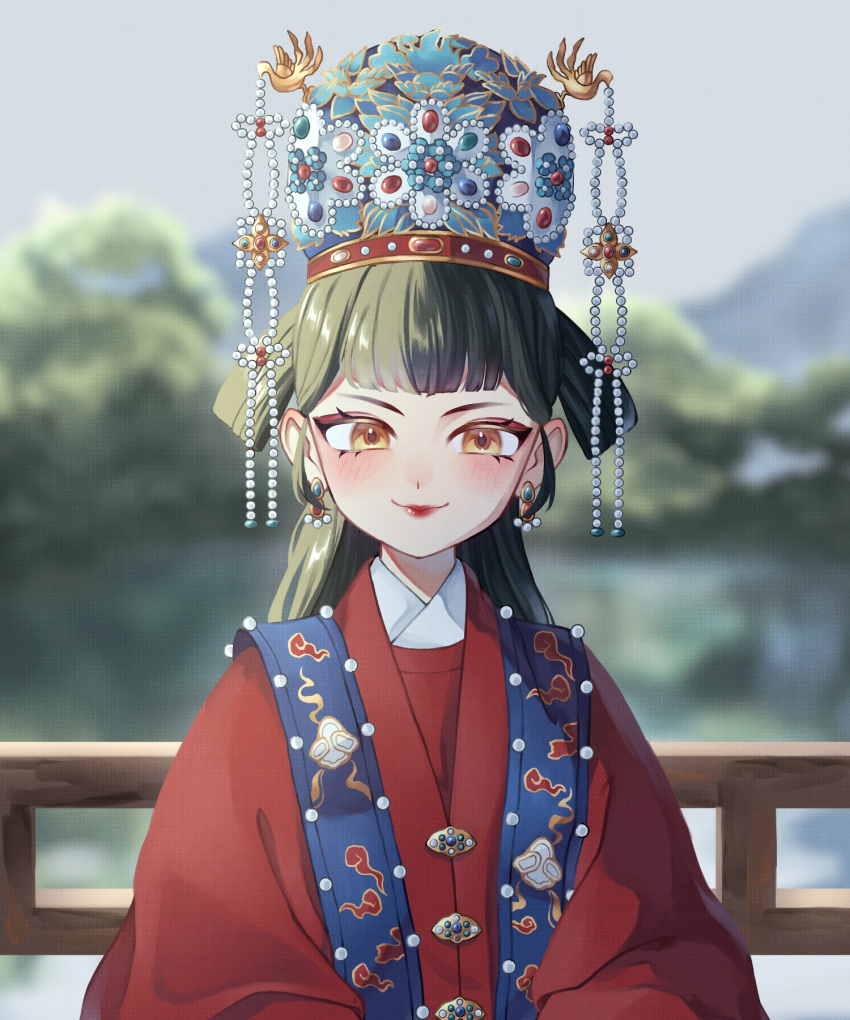 1girl, beizi_(clothing), blush, china_(kuroussa), chinese_clothes, fence, fengguan, gem
