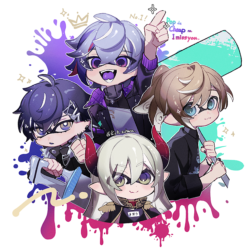 1girl, 3boys, :3, :d, arm_up, artist_name, black_horns, black_jacket