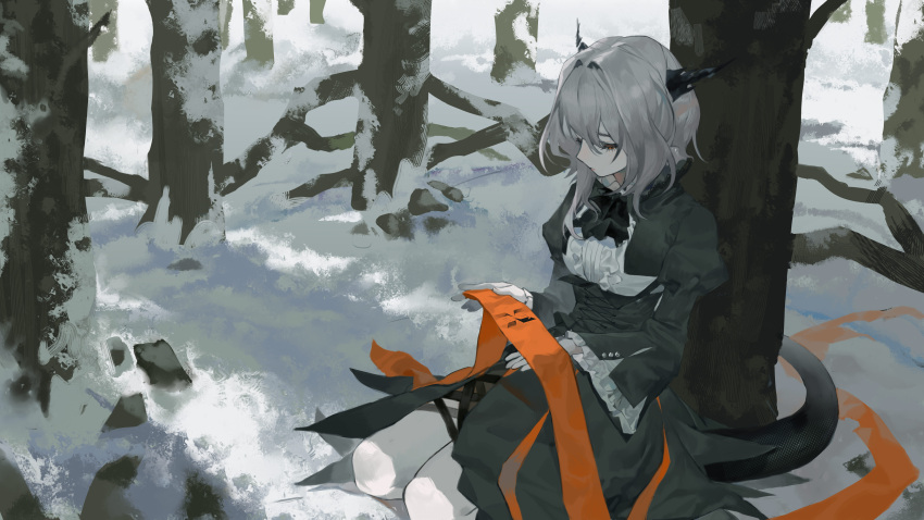 1girl, absurdres, arknights, ascot, black_ascot, black_dress, chinese_commentary, commentary_request, dragon_girl, dragon_tail, dress, five-fall, grey_hair, hair_intakes, highres, holding, holding_ribbon, horns, kneeling, medium_hair, orange_ribbon, reunion_logo_(arknights), ribbon, snow, solo, tail, talulah_(arknights), tree