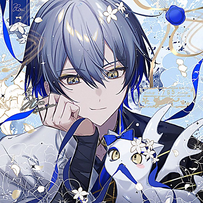 1boy, artist_name, black_kimono, blue_bow, blue_eyes, blue_flower, blue_hair, blue_ribbon, blue_shirt, bow, character_name, closed_mouth, flower, grey_eyes, hair_between_eyes, hand_up, head_rest, japanese_clothes, kill_schwa, kimono, koyanagi_rou, koyanagi_rou_(1st_costume), long_sleeves, male_focus, multicolored_clothes, multicolored_eyes, multicolored_hair, multicolored_kimono, nijisanji, petals, ribbon, shirt, short_hair, signature, smile, smirk, solo, sparkle, twitter_username, upper_body, virtual_youtuber, watermark, wax_seal, white_flower, white_kimono