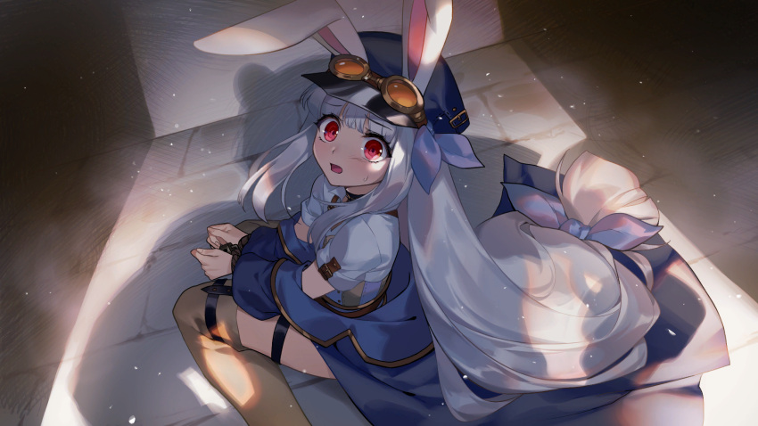 1girl, animal_ears, artist_request, bound, bound_wrists, check_artist, ein_lee, game_cg, highres, long_hair, looking_at_viewer, non-web_source, on_ground, open_mouth, rabbit_ears, rabbit_girl, red_eyes, short_sleeves, solo, tevi, tevi_(character), very_long_hair, white_hair