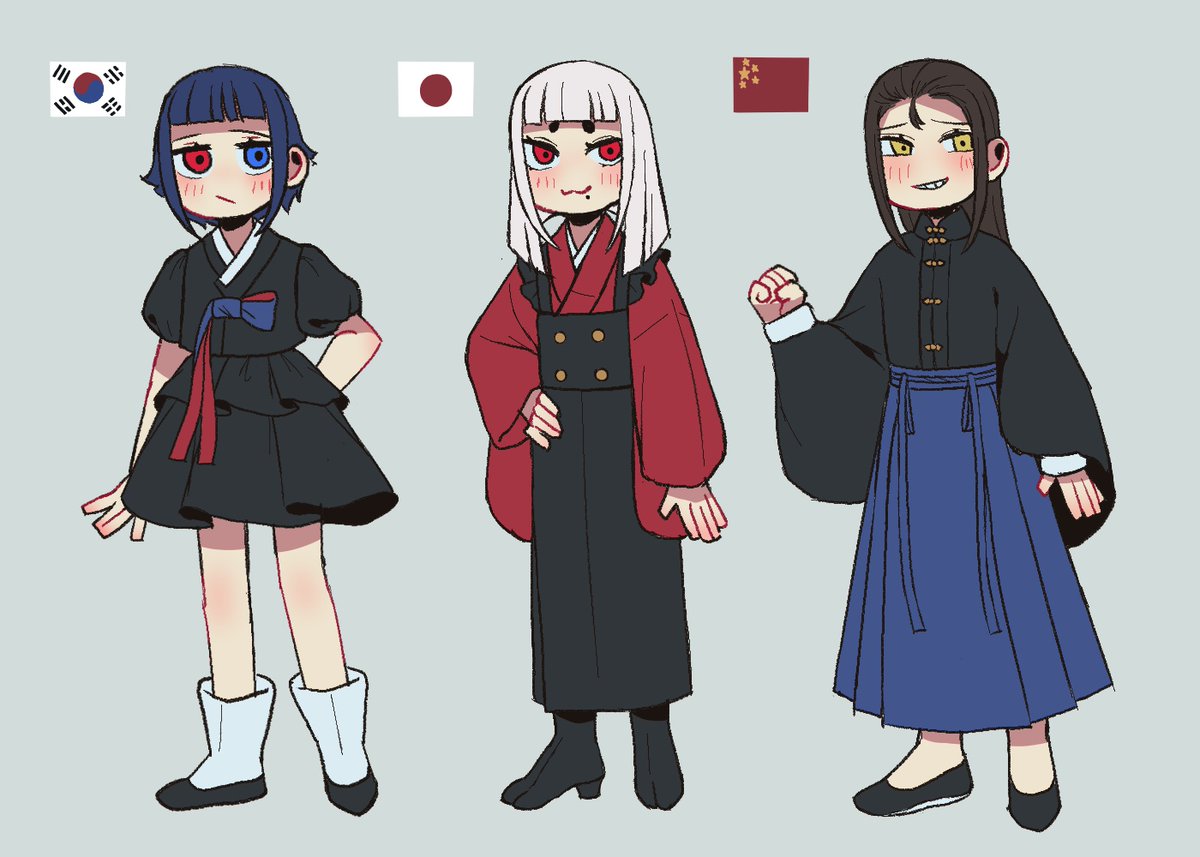 3girls, black_shirt, blue_skirt, china_(kuroussa), chinese_clothes, contemporary_traditional_clothes, flats, full_body