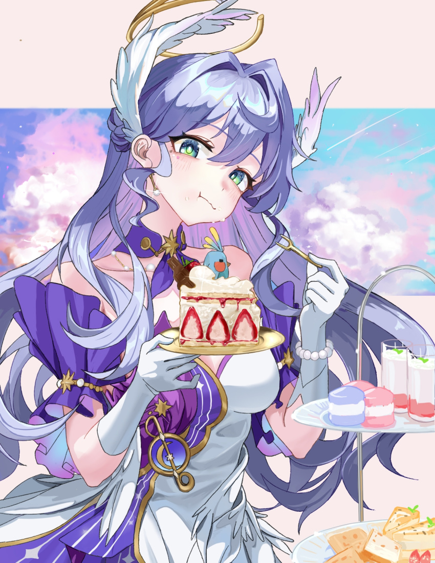 1girl, bare_shoulders, blue_hair, bracelet, breasts, cake, collar, dress, eating, elbow_gloves, food, gloves, green_eyes, hair_between_eyes, halo, head_wings, highres, honkai:_star_rail, honkai_(series), jewelry, long_hair, medium_breasts, origami_bird_(honkai:_star_rail), pearl_bracelet, purple_collar, purple_dress, robin_(honkai:_star_rail), strapless, strapless_dress, sungan, two-tone_dress, upper_body, white_dress, white_gloves, white_wings, wings