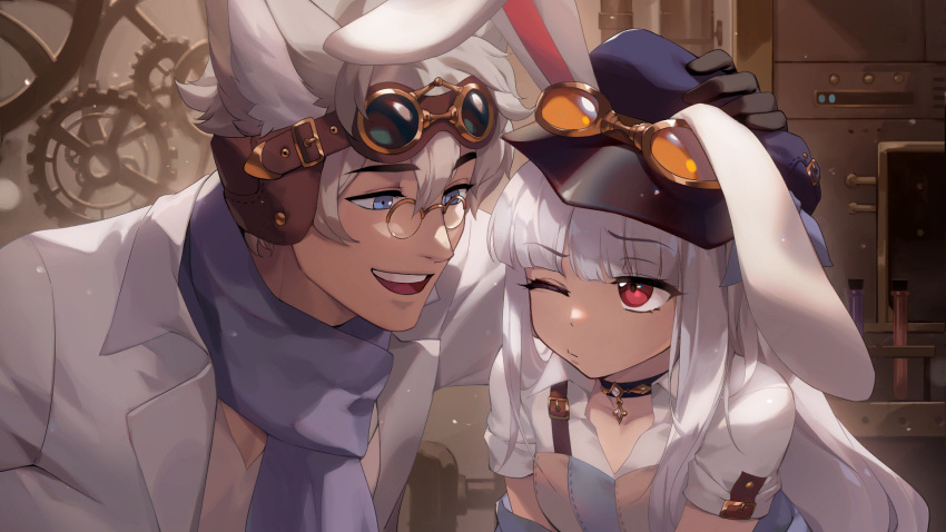 1boy, 1girl, animal_ear_fluff, animal_ears, artist_request, blue_eyes, blue_scarf, check_artist