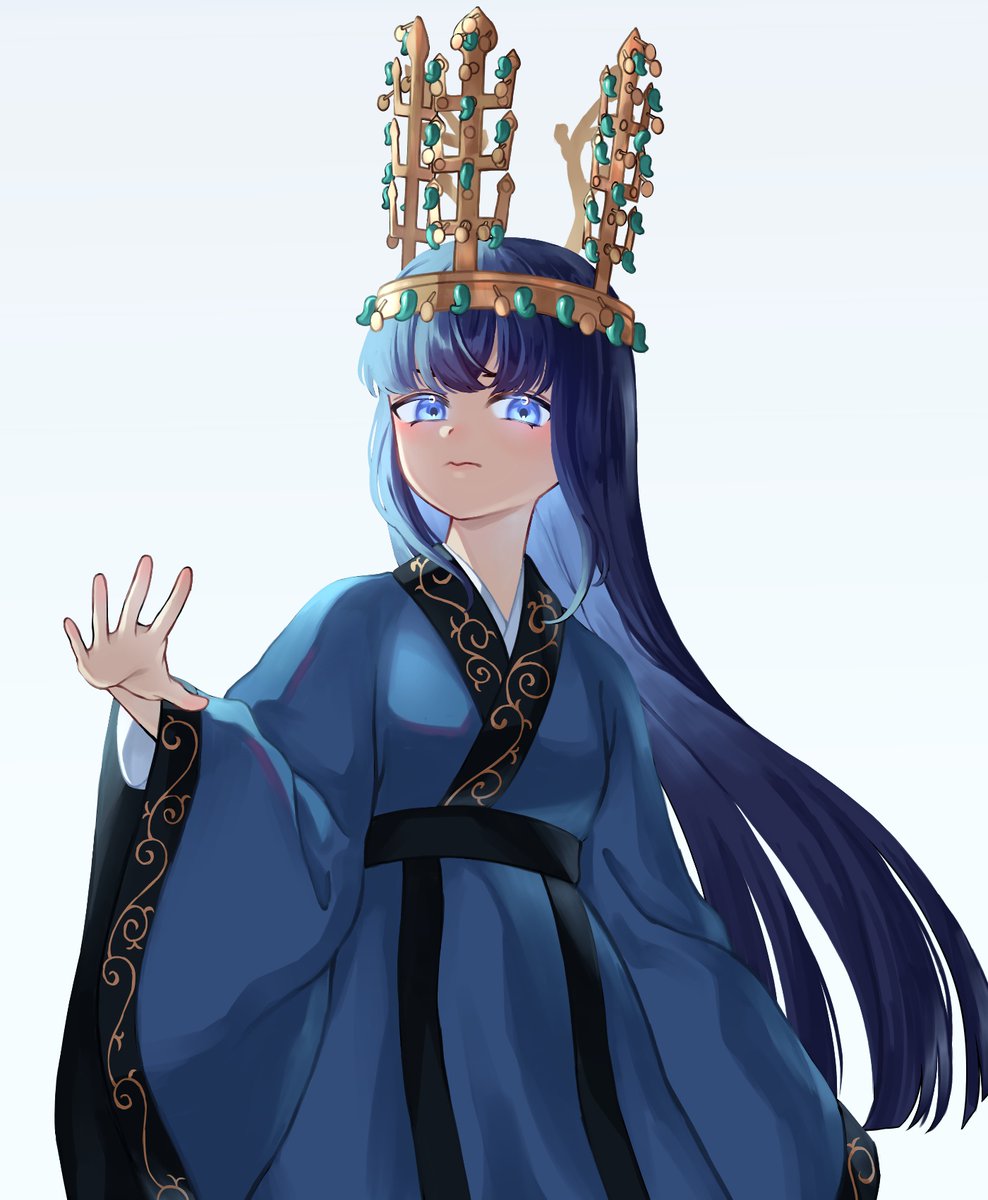 blue_dress, blue_eyes, blue_hair, chinese_clothes, cowboy_shot, crown, dress, hanfu, highres, korea, kuroussa, long_hair, long_sleeves, original, silla, silla_(kuroussa), very_long_hair, white_background, wide_sleeves, zhijupao