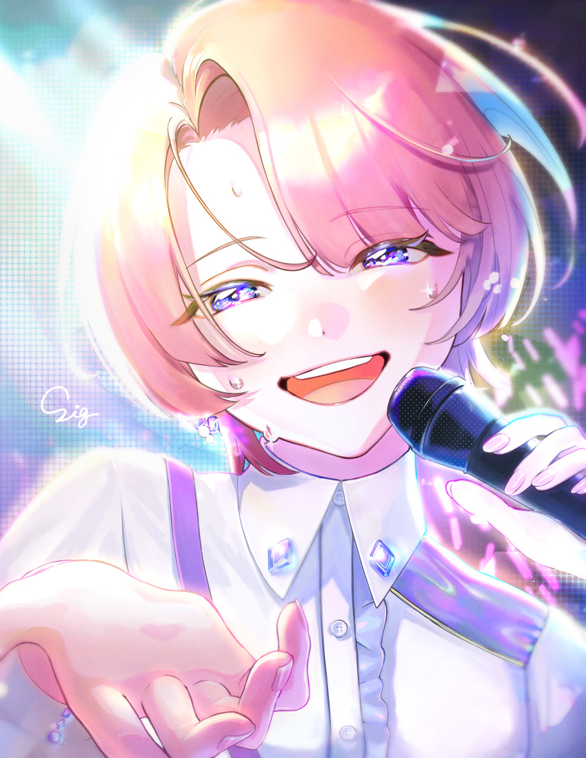 1girl, amanenoa722, arimura_mao, asymmetrical_bangs, beckoning, blush, commentary_request, fingernails