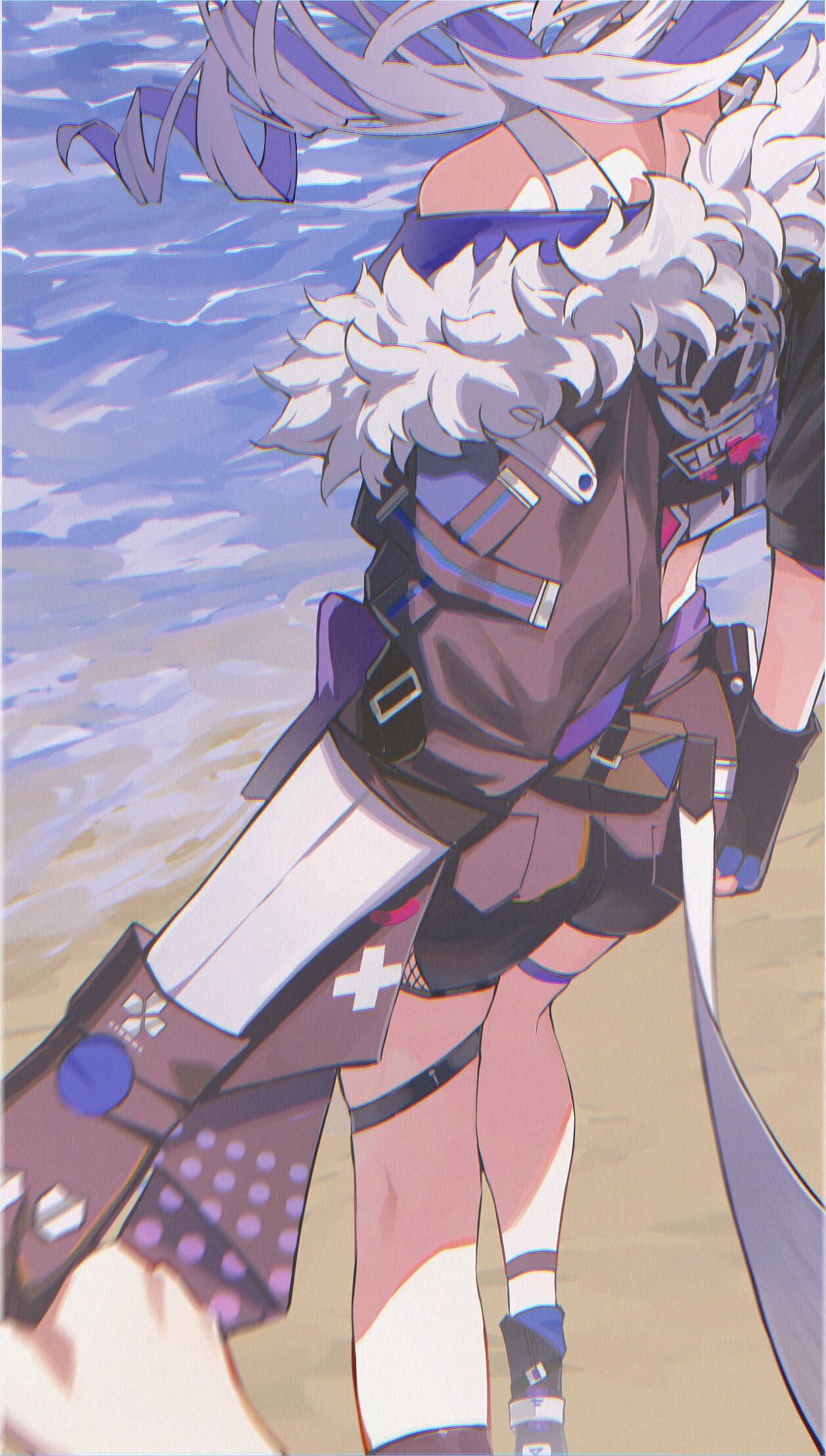 1girl, beach, black_gloves, black_jacket, black_shorts, dr4v3n, drill_hair, drill_ponytail