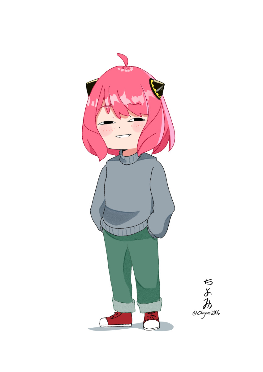 1girl, absurdres, ahoge, anya's_heh_face_(meme), anya_(spy_x_family), black_eyes, chanzai, full_body, green_pants, grey_sweater, hairpods, hands_in_pockets, highres, just_a_chill_guy_(meme), medium_hair, meme, pants, pink_hair, red_footwear, simple_background, solo, spy_x_family, standing, sweater, white_background
