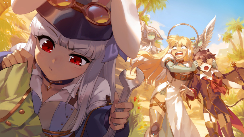 1boy, 2girls, angel_wings, animal_ears, artist_request, blonde_hair, celia_(tevi), check_artist