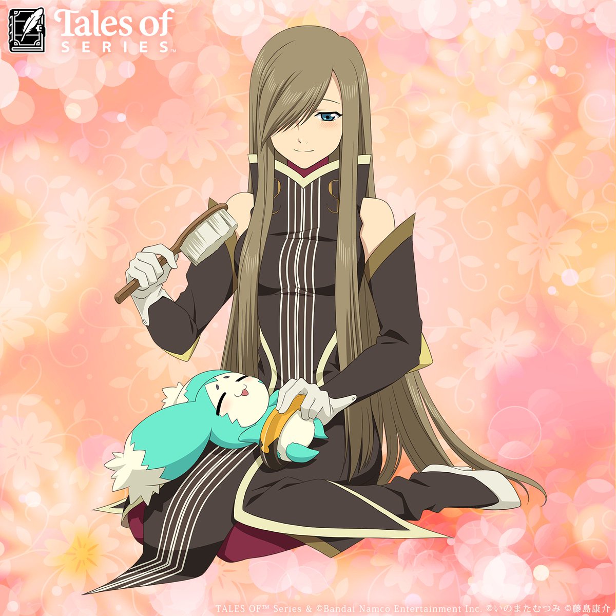 1girl, bare_shoulders, blue_eyes, blush, boots, breasts, brown_dress, brown_sleeves, closed_mouth, commentary_request, copyright_name, copyright_notice, creature, detached_sleeves, dress, floral_background, full_body, gloves, hair_over_one_eye, high_collar, high_heels, highres, holding, holding_brush, labor_day, lap_pillow, light_brown_hair, long_hair, looking_at_another, lying, medium_breasts, mieu_(tales), official_art, on_back, purple_thighhighs, sidelocks, sitting, sleeveless, sleeveless_dress, smile, straight_hair, swept_bangs, tales_of_(series), tales_of_the_abyss, tear_grants, thigh-highs, turtleneck, very_long_hair, wariza, white_gloves