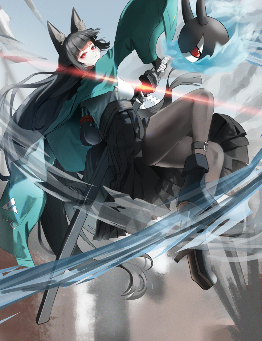 1girl, animal_ear_fluff, animal_ears, black_footwear, black_gloves, black_pantyhose, black_skirt, blunt_bangs, boots, dust, fingerless_gloves, fingernails, fox_ears, fox_girl, from_side, full_body, gang_ryeol, gloves, green_jacket, high-waist_skirt, highres, holding, holding_sword, holding_weapon, hoshimi_miyabi, jacket, looking_at_viewer, outdoors, pantyhose, parted_lips, shirt, sidelocks, single_fingerless_glove, skirt, solo, sword, weapon, white_shirt, zenless_zone_zero