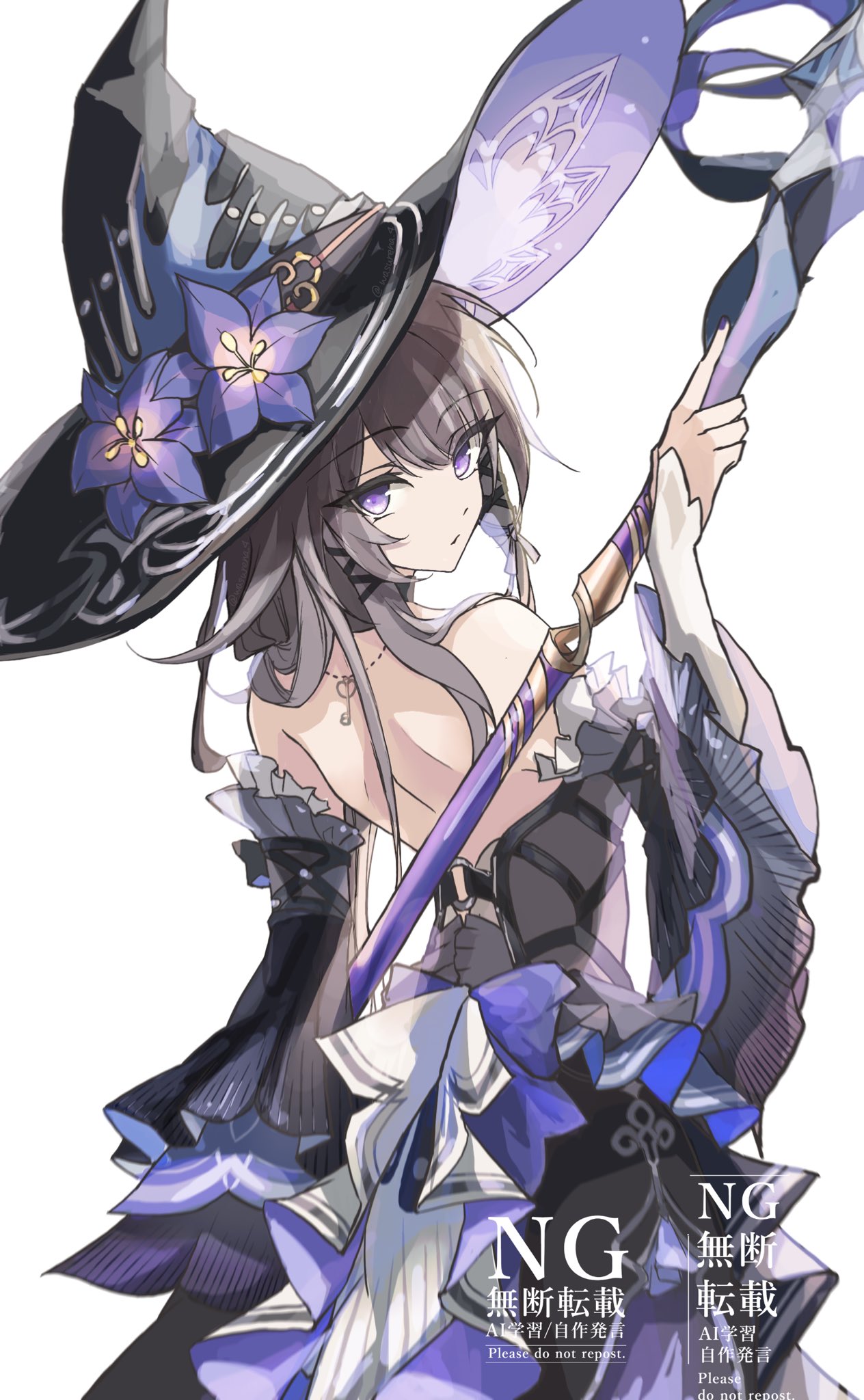 1girl, backless_dress, backless_outfit, bare_back, bare_shoulders, black_dress, black_hat, blunt_bangs, brown_hair, cowboy_shot, dress, flower, hat, hat_flower, herta_(honkai:_star_rail), highres, holding, holding_staff, honkai:_star_rail, honkai_(series), jewelry, key, key_necklace, long_hair, long_sleeves, looking_at_viewer, looking_back, mage_staff, necklace, purple_flower, situki, solo, staff, the_herta_(honkai:_star_rail), upper_body, violet_eyes, witch_hat