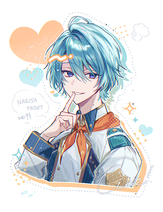 1boy, ahoge, blue_eyes, blue_hair, buttons, character_name, commentary_request, cropped_shoulders