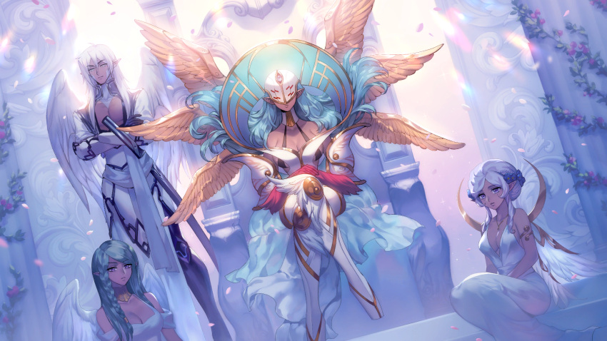 1boy, 3girls, amaryllis_(tevi), angel, angel_wings, artist_request, character_request, check_artist, closed_mouth, covered_eyes, crossed_arms, crossed_legs, dark-skinned_female, dark_skin, ein_lee, feathered_wings, game_cg, green_hair, highres, long_hair, multiple_girls, non-web_source, pointy_ears, sitting, tevi, tybrious_(tevi), white_hair, wings