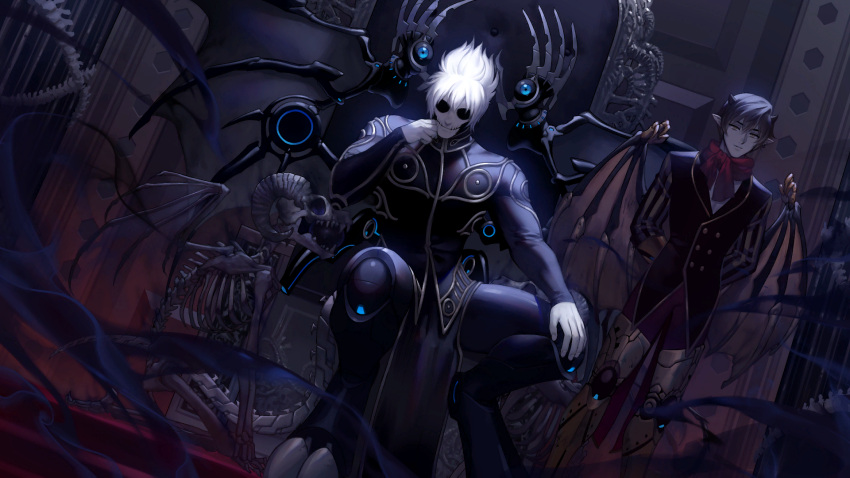 2boys, artist_request, black_hair, check_artist, closed_mouth, cyril_(tevi), demon_boy, demon_wings, ein_lee, game_cg, highres, hollow_eyes, long_sleeves, male_focus, multiple_boys, non-web_source, pointy_ears, short_hair, sitting, smile, standing, tevi, vassago_(tevi), white_hair, wings