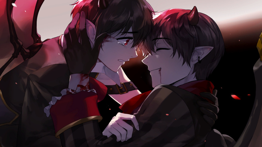 2boys, artist_request, black_coat, black_gloves, blood, brothers, check_artist, closed_mouth