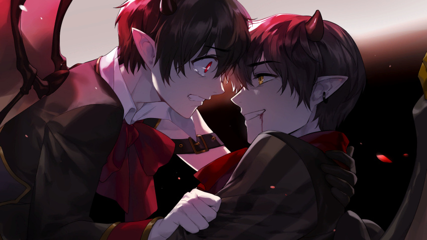 2boys, artist_request, black_coat, blood, brothers, check_artist, clenched_teeth, coat