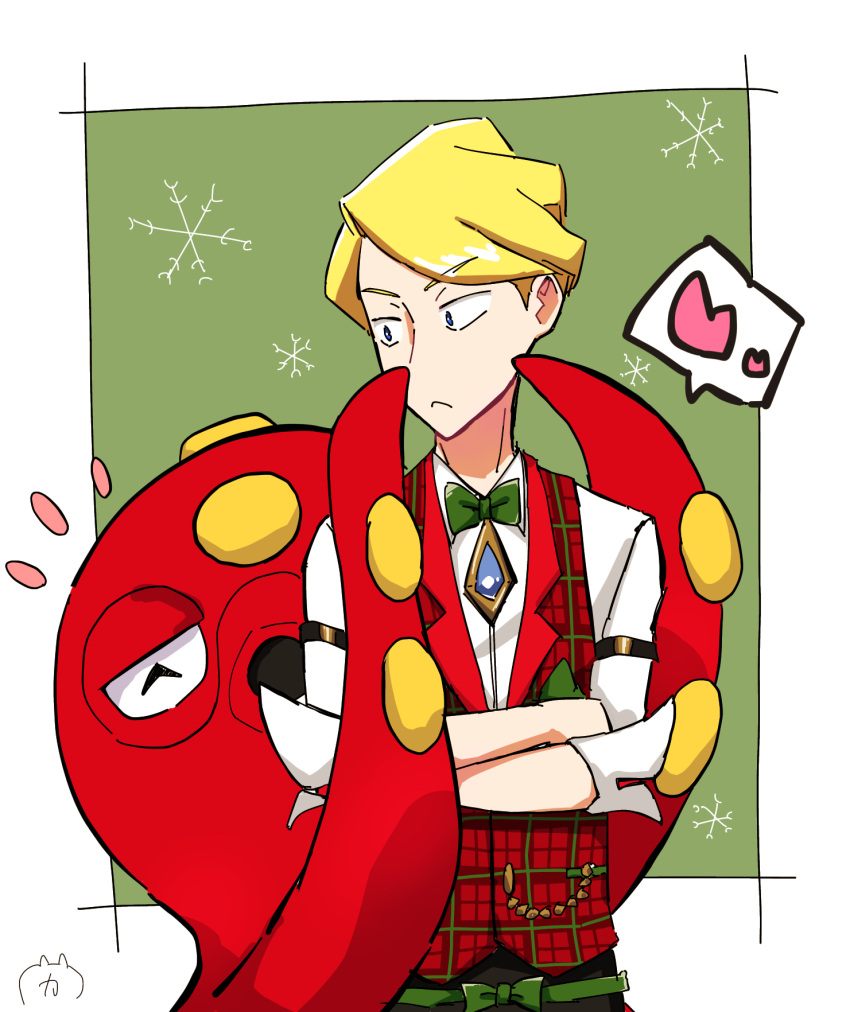 blonde_hair, colored_skin, cosplay, crossed_arms, highres, ilovecorgi, male_focus, octillery