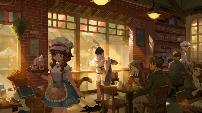 3boys, 5girls, animal_ears, artist_request, blue_eyes, blue_hat, braid, brown_hair