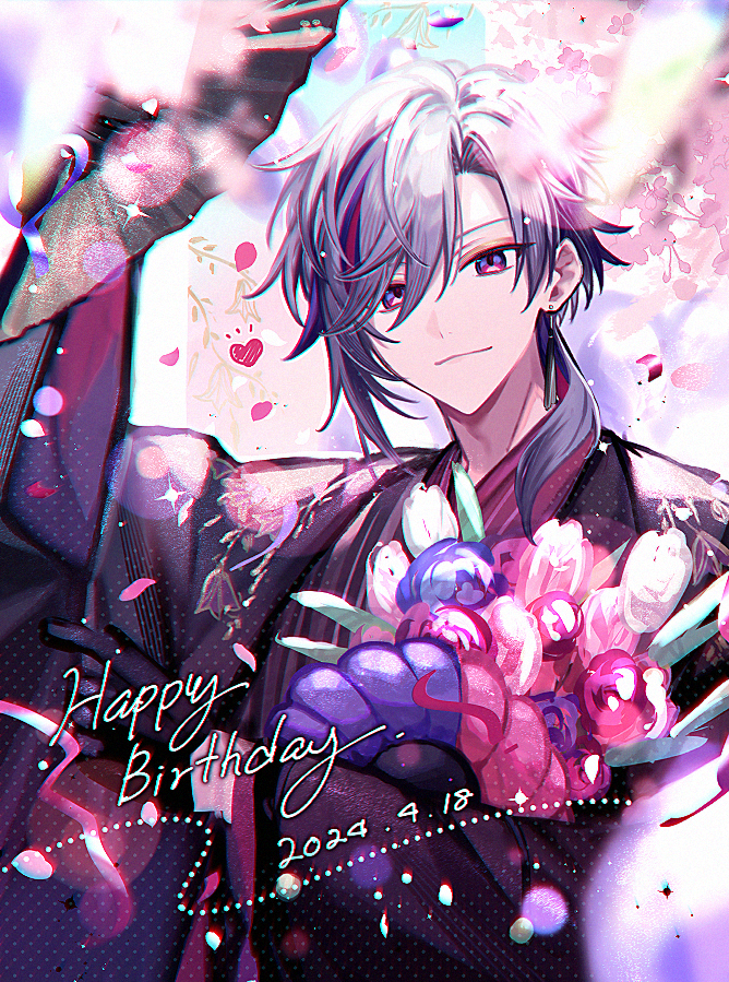 1boy, arm_up, black_gloves, black_haori, black_kimono, branch, cherry_blossoms, closed_mouth