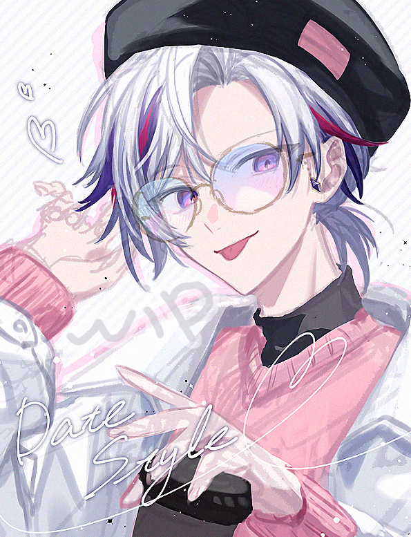 1boy, :p, beret, black_hat, black_shirt, blue-tinted_eyewear, blush, closed_mouth