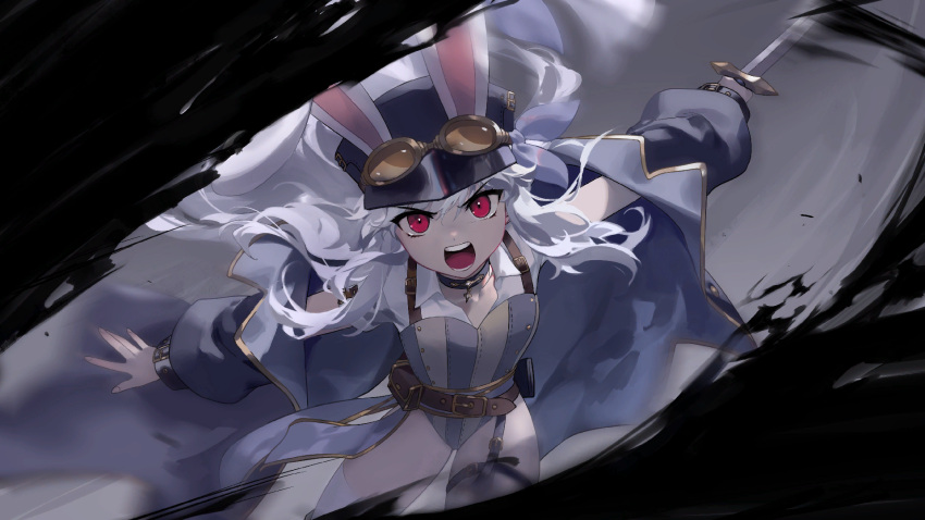 1girl, animal_ears, artist_request, belt, blue_coat, check_artist, coat, dagger