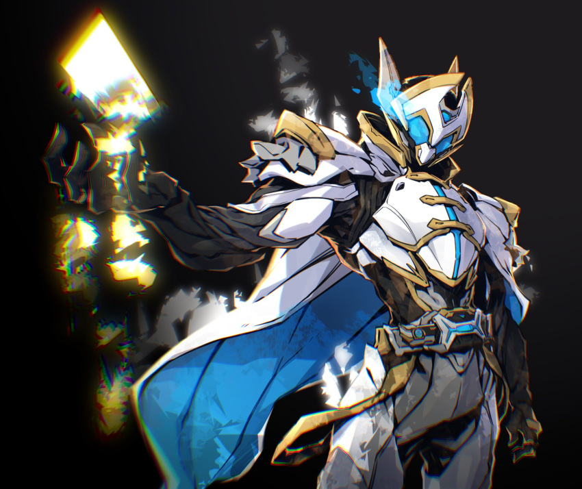 1boy, armor, black_background, blue_eyes, card, cowboy_shot, highres, holding, holding_card, kamen_rider, kamen_rider_outsiders, kamen_rider_zein, linnnoj, male_focus, power_armor, rider_belt, simple_background, solo, white_armor