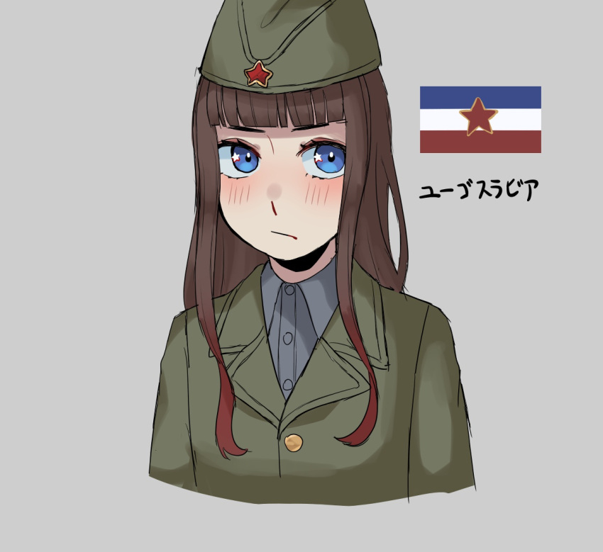 1girl, blue_eyes, brown_hair, gradient_hair, green_hat, green_jacket, hat, jacket