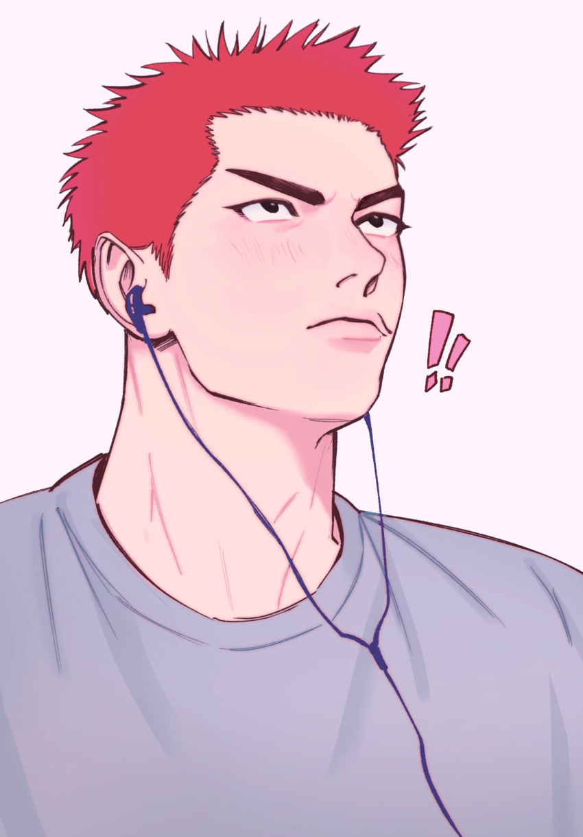 !, !!, 1boy, black_eyes, closed_mouth, earphones, grey_shirt, highres