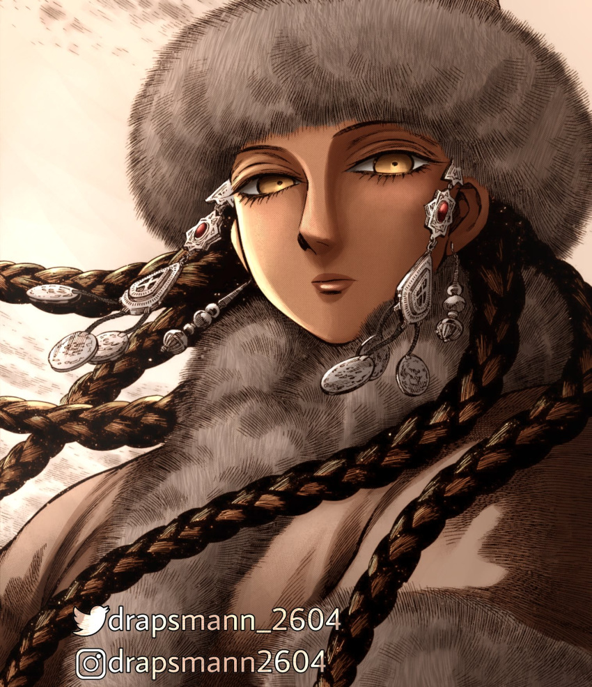 1girl, artist_name, brown_hair, closed_mouth, coat, colorized, drapsmann_2604, ear_piercing