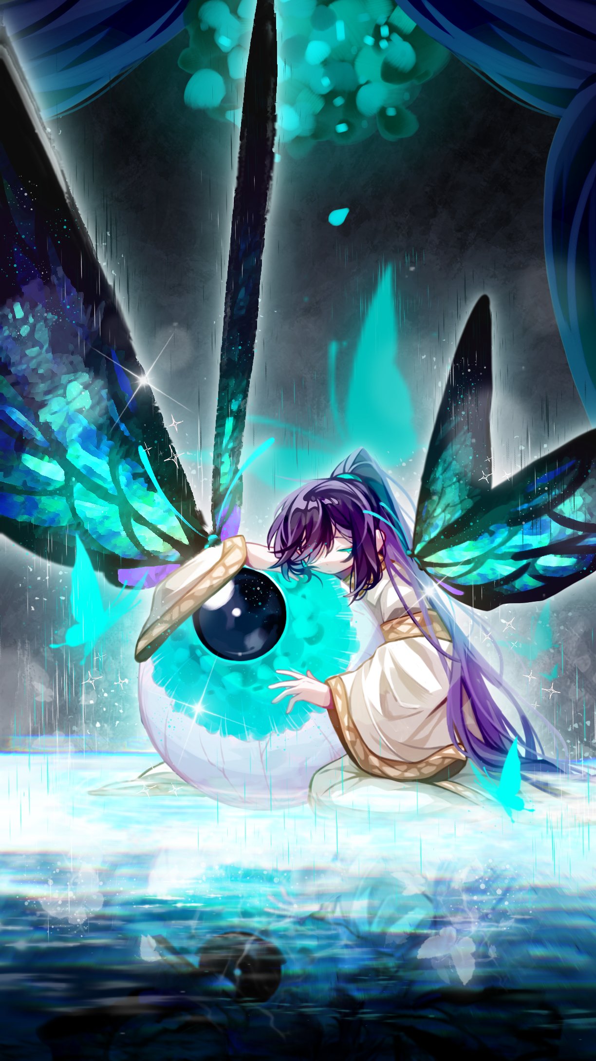 1boy, black_hair, blue_butterfly, bug, butterfly, closed_eyes, e.g.o_(project_moon), eyeball