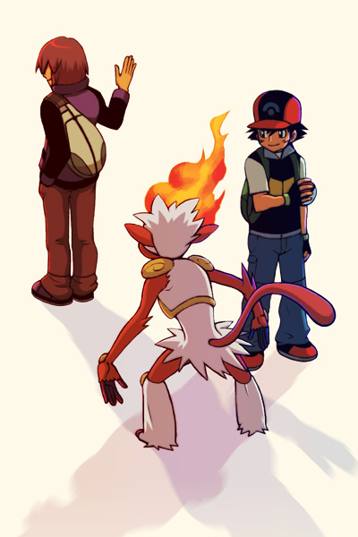 2boys, ash_ketchum, backpack, bag, baseball_cap, black_hair, closed_mouth, fire