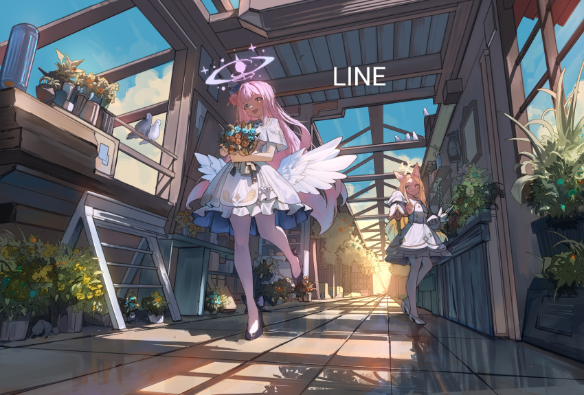 2girls, absurdres, animal_ears, bird, black_footwear, blue_archive, bouquet, capelet