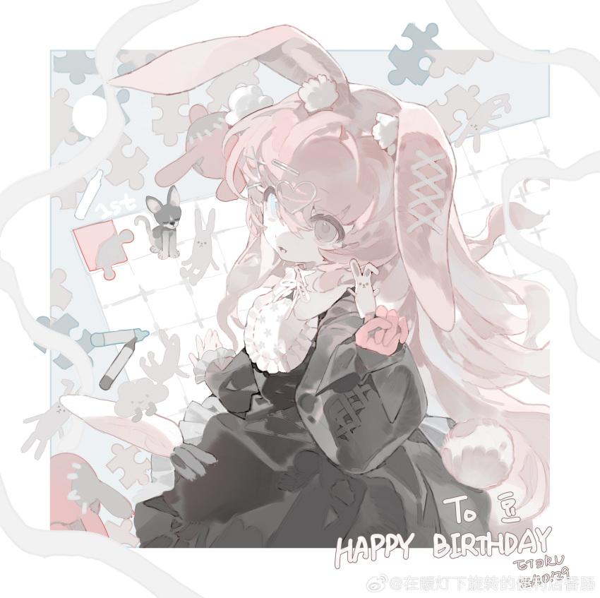 absurdres, animal_ear_fluff, animal_ears, animal_on_arm, artist_name, black_dress, blue_eyes, border, brown_eyes, carrot, chinese_commentary, collared_dress, commentary_request, commission, crayon, cross-laced_clothes, cross-laced_sleeves, dated, dog, dress, eteru, floppy_ears, floral_print, frilled_dress, frills, gloves, hair_ornament, hairclip, hand_up, happy_birthday, heart, heart_hair_ornament, heterochromia, highres, jigsaw_puzzle, long_hair, long_sleeves, looking_at_viewer, neck_ribbon, open_mouth, original, pink_gloves, pink_hair, puffy_long_sleeves, puffy_sleeves, puzzle, rabbit, rabbit_ears, rabbit_tail, ribbon, shirt, shirt_under_dress, short_dress, sleeves_past_wrists, smile, stitched_ear, tail, tareme, very_long_hair, weibo_watermark, white_border, white_ribbon, white_shirt